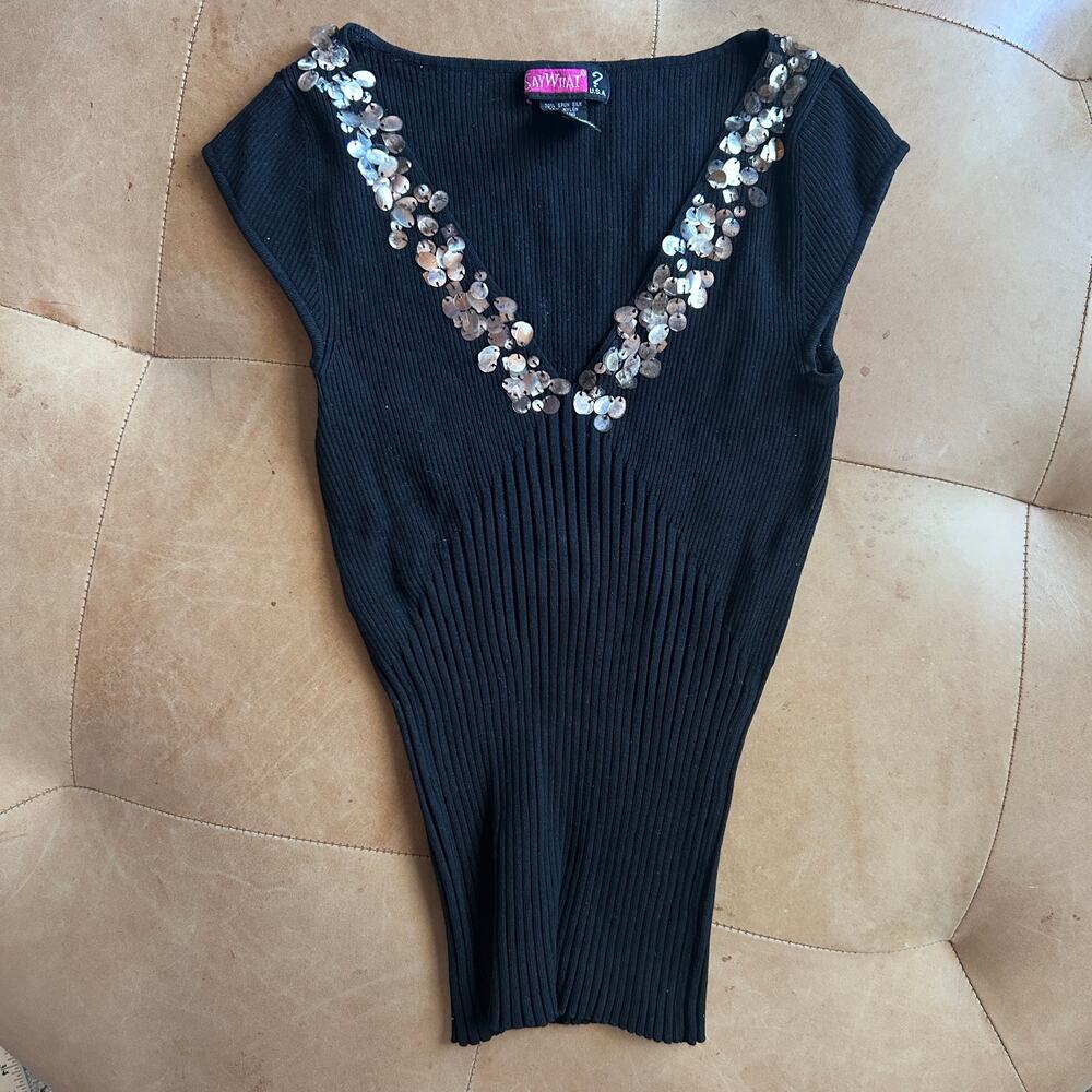 Vintage Y2K Silk Black Sequin Top Shell Deep V Neck Ribbed Knit Going Out Glam S